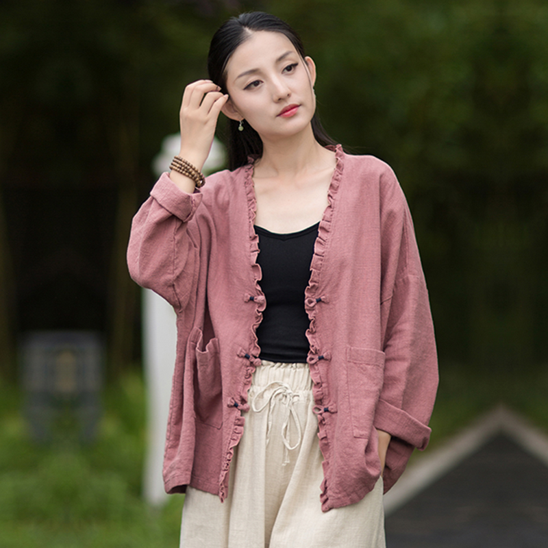 春秋季棉麻文艺开衫宽松休闲苎麻短款长袖打底T恤瑜伽衬衫上衣女