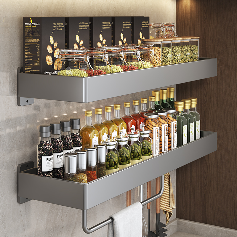 枪灰厨房置物架加宽调味品多功能家用大全免打孔收纳架壁挂调料架