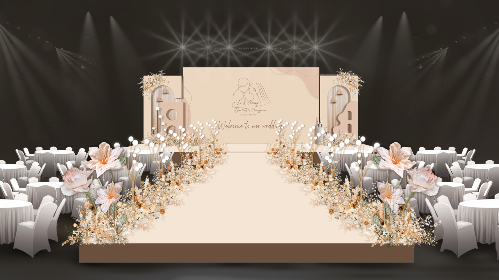 香槟色梦幻婚礼效果图奶咖色高端婚礼效果图婚庆场景布置psd素材