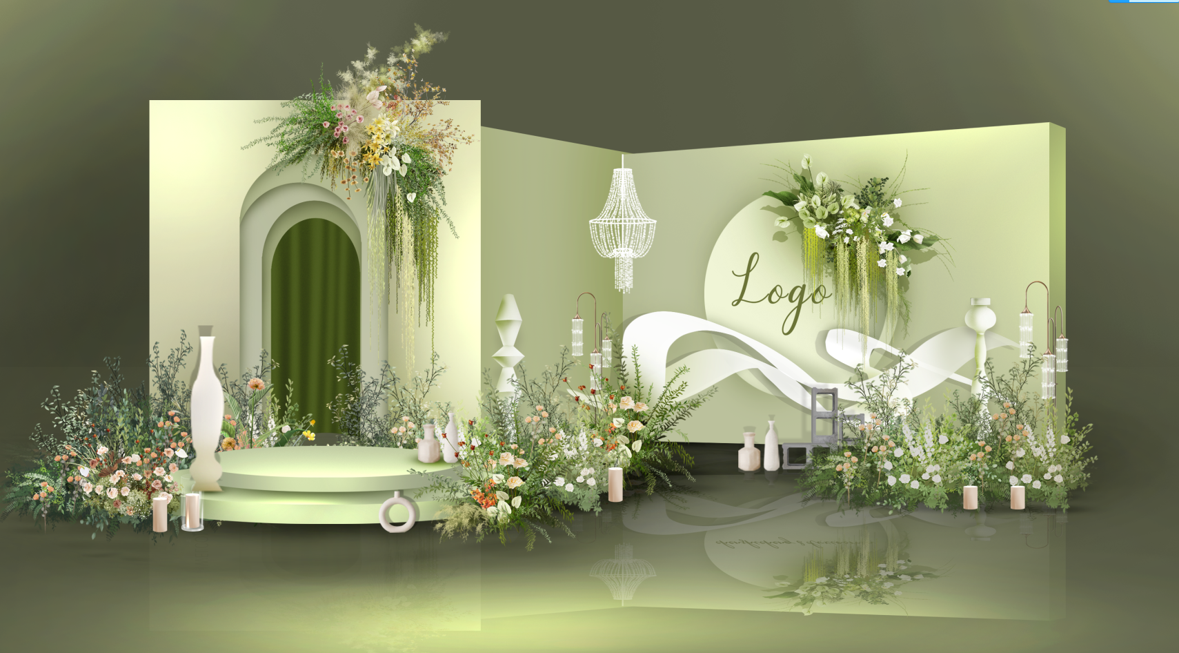 白绿色简约婚礼背景墙设计效果图 婚庆迎宾区kt板布置psd素材模板
