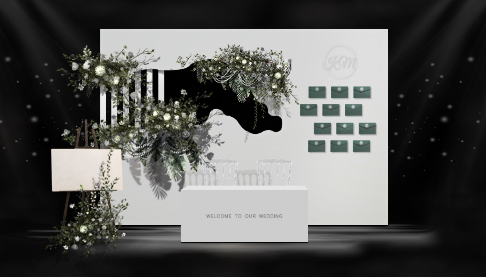 白色韩式婚礼设计白色签到桌婚庆效果图展示区背景psd素材