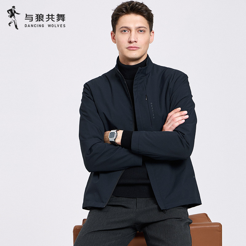 与狼共舞立领夹克男装2025秋季新款口袋印花商务茄克外套
