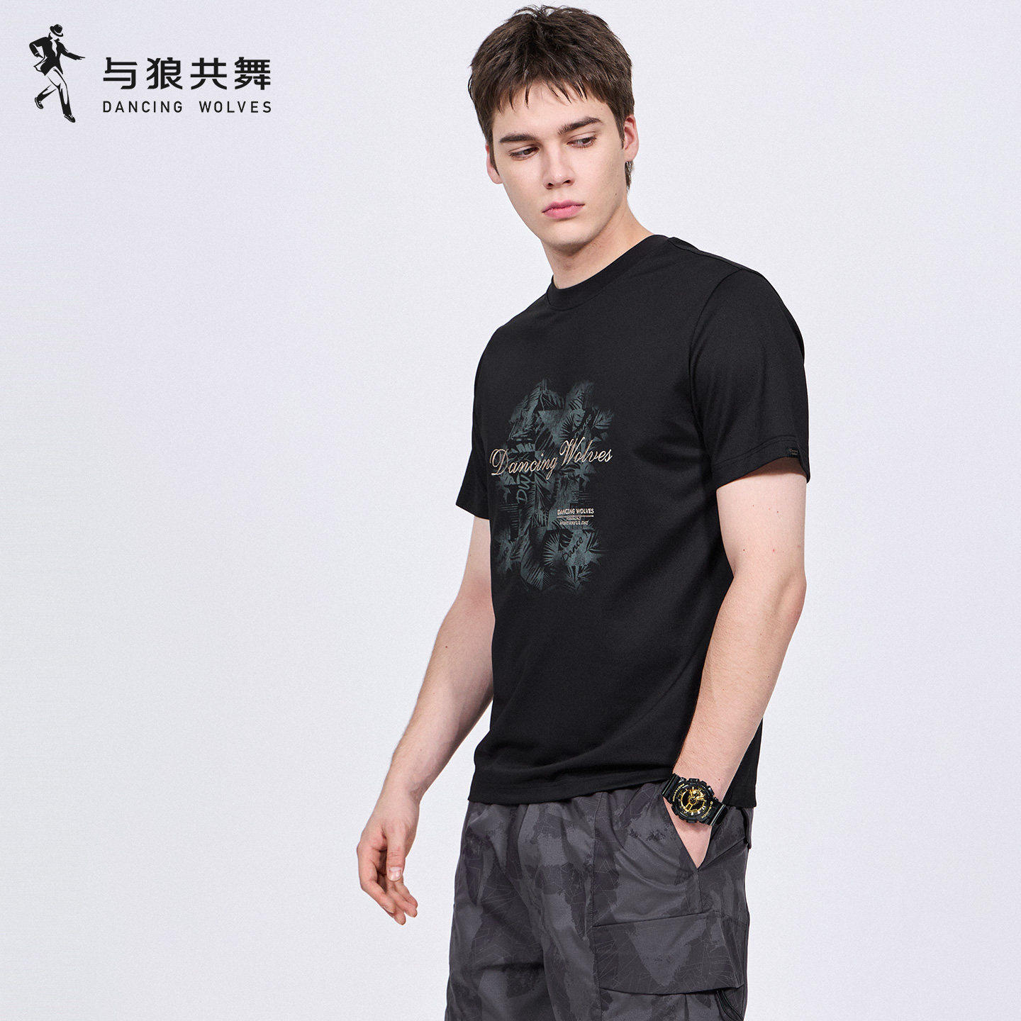 含桑蚕丝】与狼共舞印花短袖T恤男2026夏季新款圆领休闲抗菌上衣