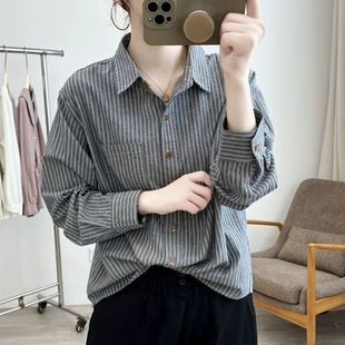 复古棉布条纹衬衫长袖上衣女春季新款宽松翻领休闲百搭衬衣打底衫