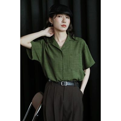 港风复古绿色短袖衬衫女