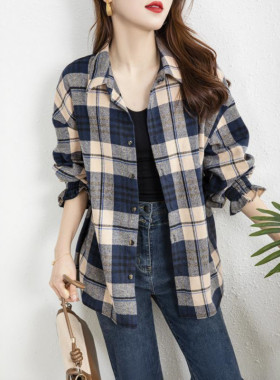 英伦风格子衬衫女款2026新款磨毛长袖上衣复古通勤叠穿外搭衬衣潮