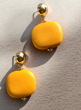 新款撞色木质耳环简约几何正方形柠檬黄色耳环女耳饰 现货