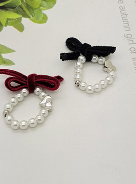 复古丝绒酒红色珍珠弹力戒指