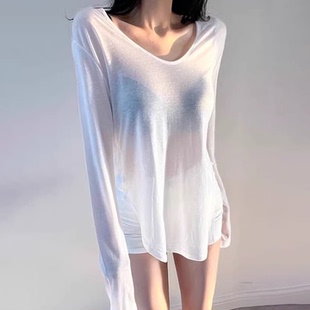 舒适气质显身材防晒罩衫 薄款 上衣 T恤女士春夏新款 性感微透V领长袖