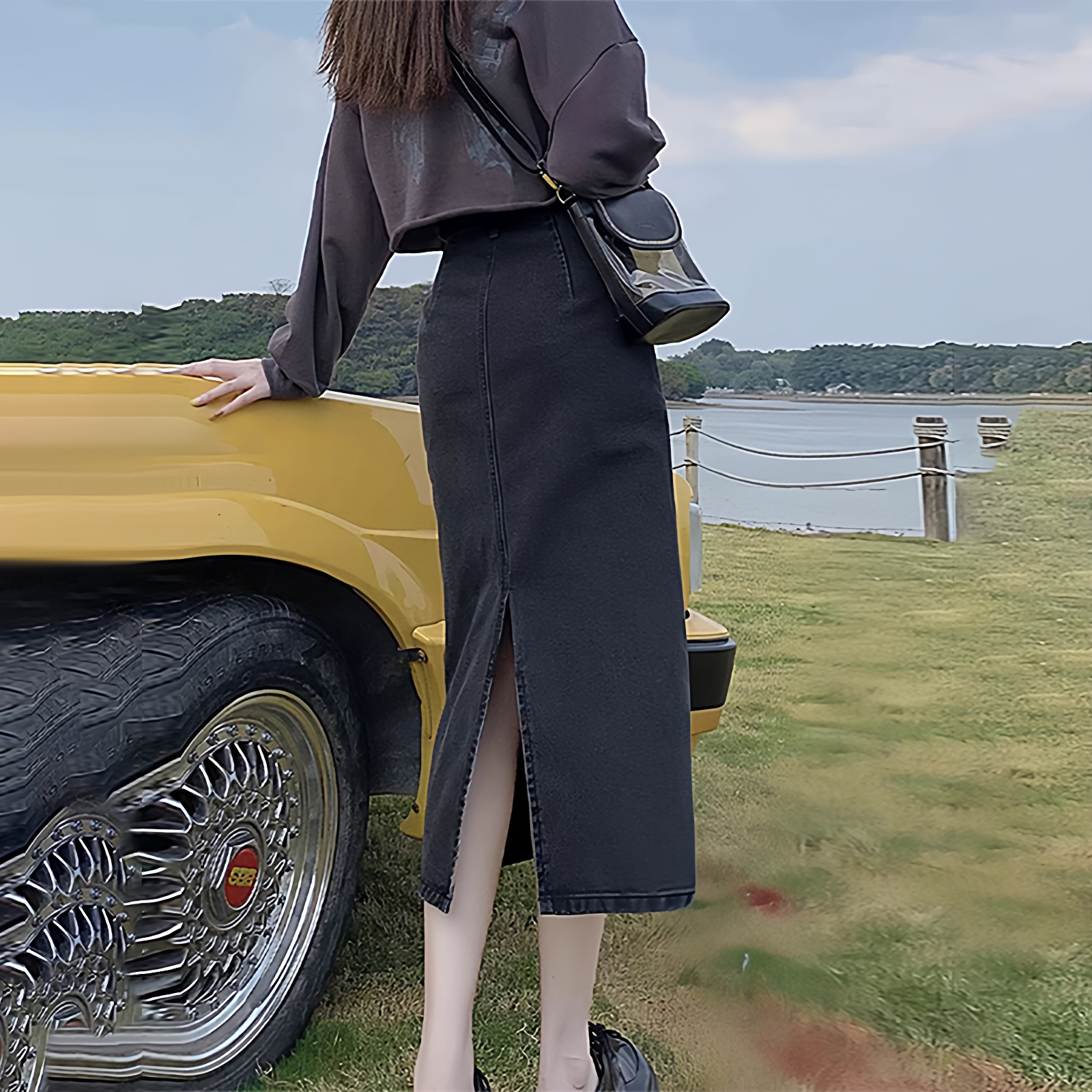 黑色牛仔半身裙女春季小个子高腰遮胯a字裙复古中长款开叉包臀裙