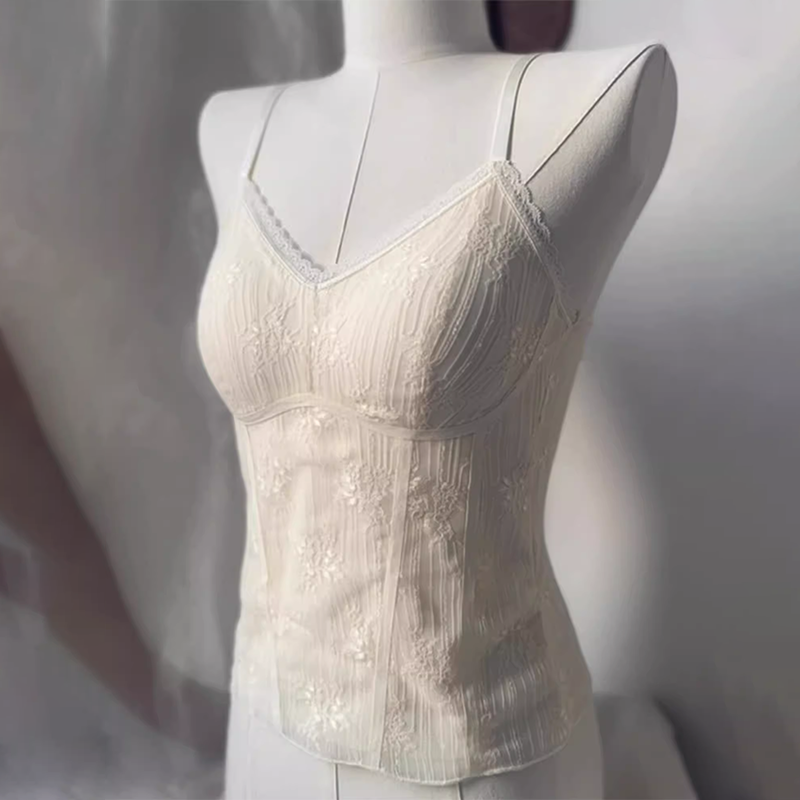 白色法式蕾丝吊带背心女带胸垫文胸一体美背内衣抹胸打底西装内搭