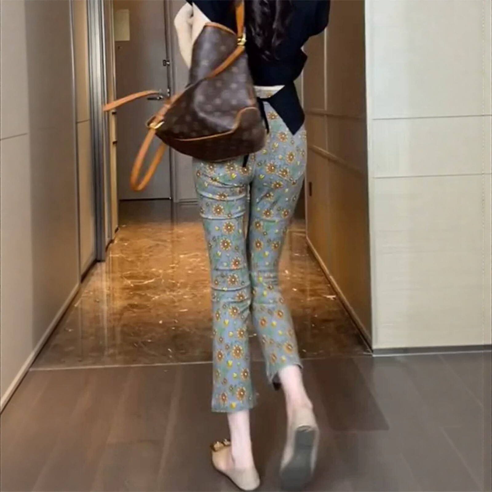 夏季薄款微喇牛仔裤女2026新款向日葵印花高腰大码紧身九分喇叭裤