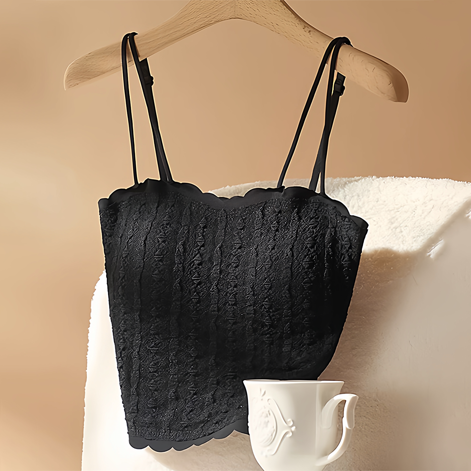 Cozy Toes黑色花边吊带背心女夏季薄款外穿带胸垫短款抹胸上衣