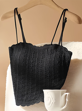 Cozy Toes黑色花边吊带背心女夏季薄款外穿带胸垫短款抹胸上衣