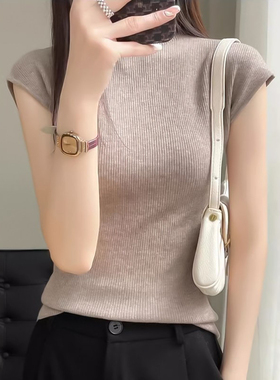 半高领针织短袖T恤女春夏季薄款简约修身体恤显示气质百搭上衣