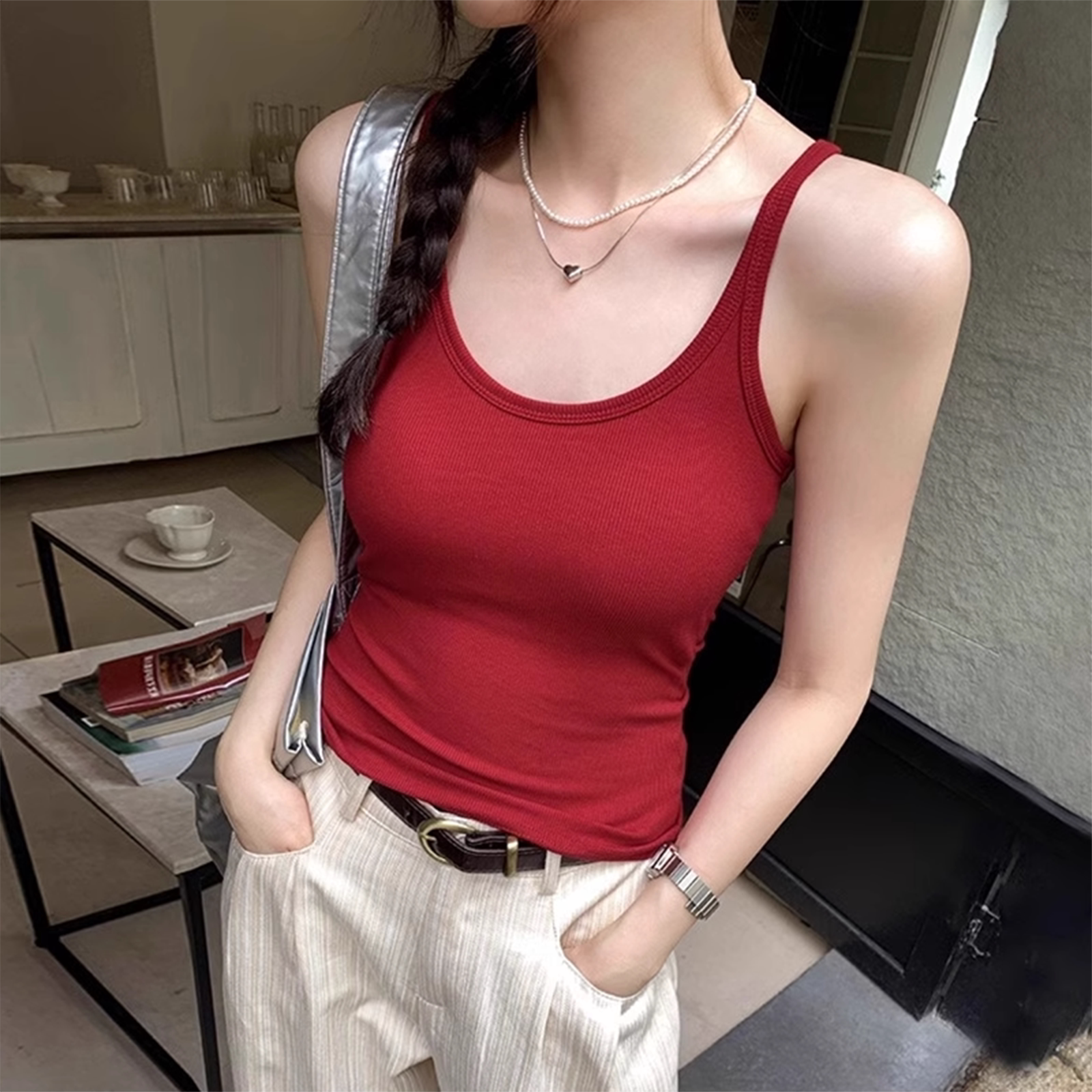 红色针织小吊带背心女士夏季薄款美式辣妹修身短款细肩带U领上衣