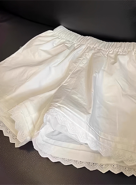 白色短裤女春夏新款a字版宽松阔腿裤高腰松弛感蕾丝花边外穿裤
