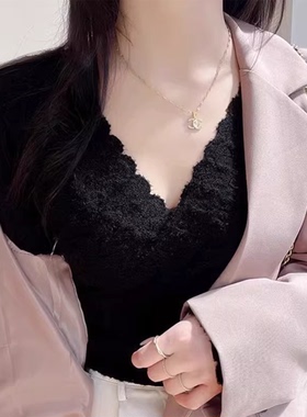黑色V领蕾丝打底衫女秋冬新款修身内搭长袖小衫加绒加厚网纱上衣