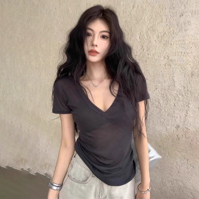 美式辣妹V领短袖T恤女