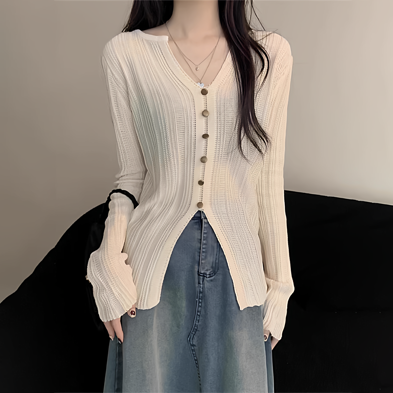 V领冰丝针织衫打底上衣女