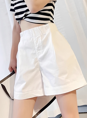 欧货白色短裤女2025夏季穿搭薄款松紧腰宽松大码阔腿A字五分热裤
