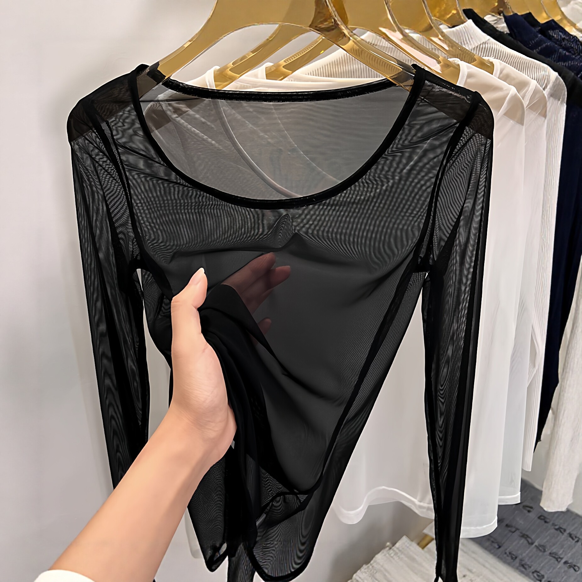 网纱打底衫女长袖圆领透明薄纱