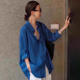 克莱因蓝色高级感防晒衬衫女2025秋冬松弛感宽松显瘦衬衣上衣外套