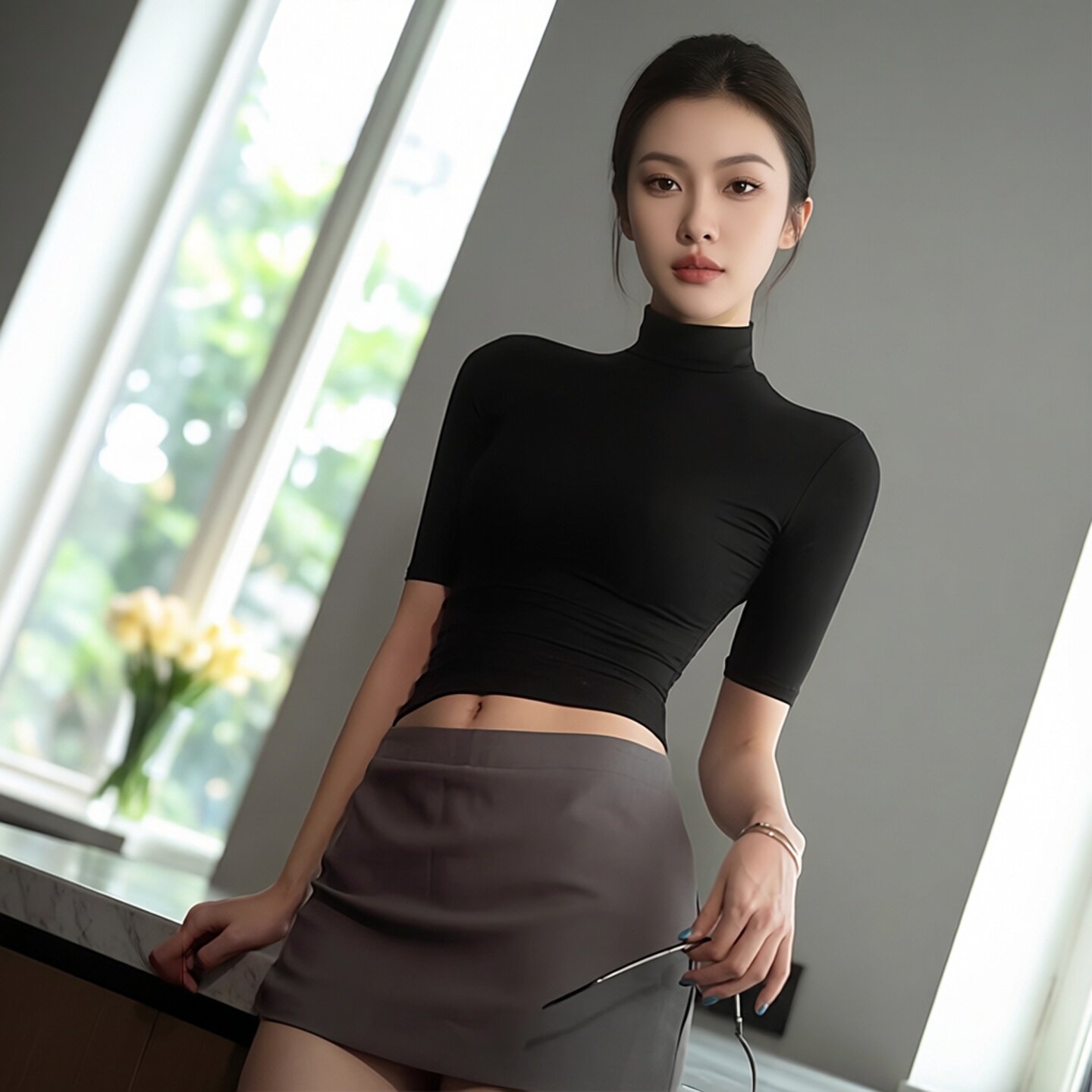 韩系黑色半高领修身T恤女