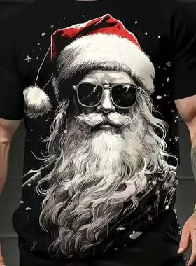 美式卡通风圣诞老人3D印花短袖T恤黑色个性潮牌夏季上衣男女宽松