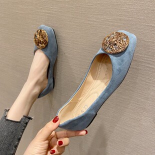 女鞋方头软底孕妇鞋绒面平底百搭套脚纯色大码单鞋金属圆扣装饰