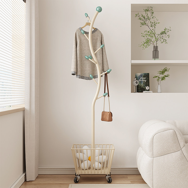 奶油风落地衣帽架卧室落地挂衣架可移动带轮转角床边收纳篮脏衣篓,收纳整理,衣帽架,淘宝优惠券,粉丝福利购,淘宝优惠卷
