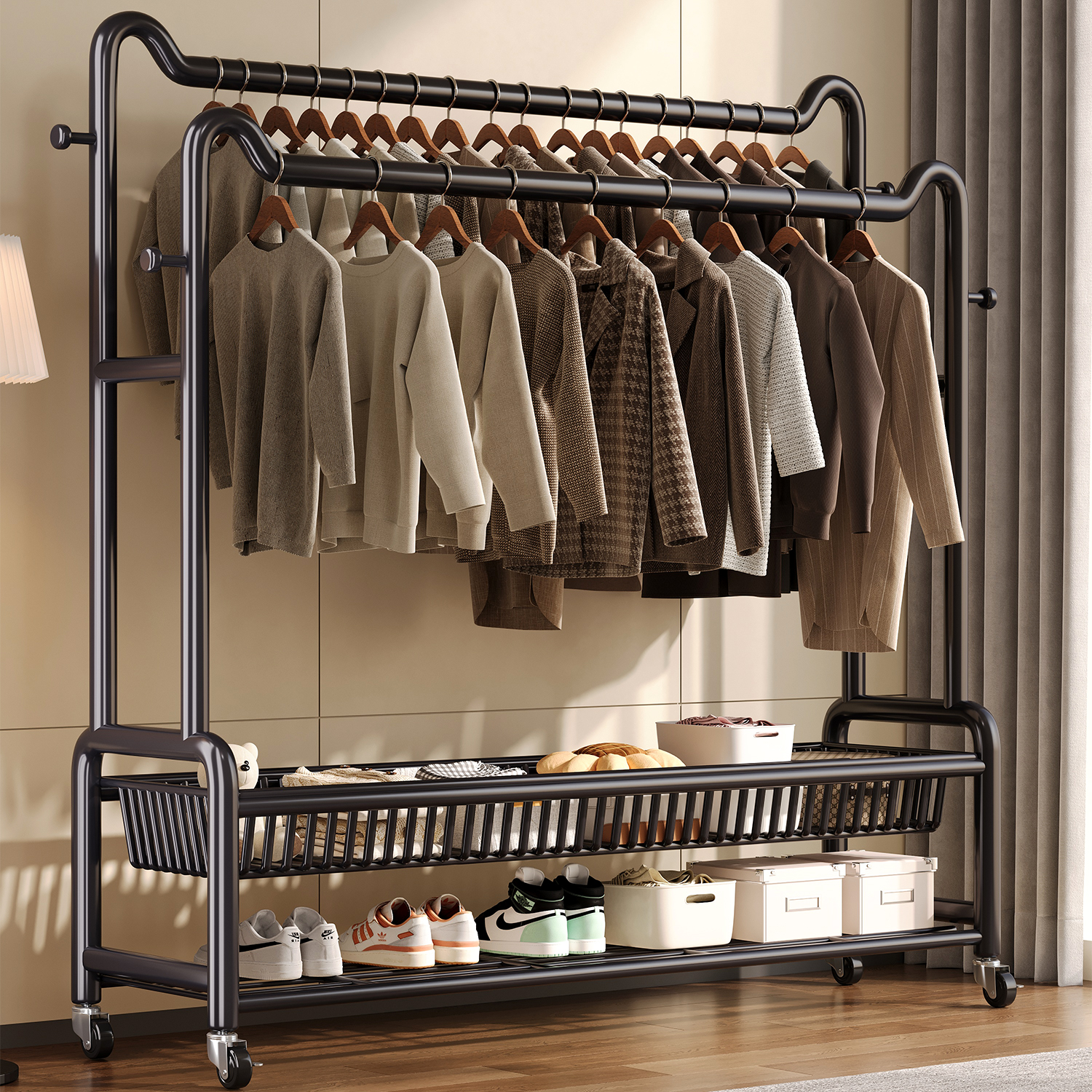 【热销30W+】双杆落地衣架卧室