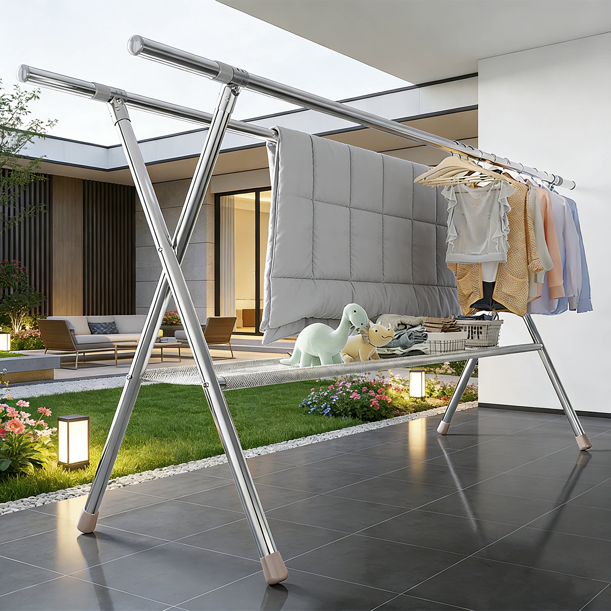 晾衣架落地折叠家用阳台室内不锈钢伸缩杆式晒衣架室外晒被子神器