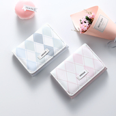 海盐蓝格子钱包清新款 简约ins风韩多功能学生钱夹零钱卡包一体包