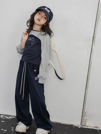 IKISSBABY潮牌女童2025秋款韩版新款洋气亲子美式复古两件套上衣