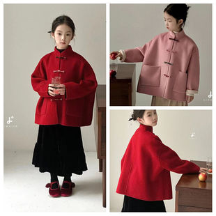 MM潮牌女童波拉bora2024韩国童装冬季新款中国风盘扣双面羊绒大衣