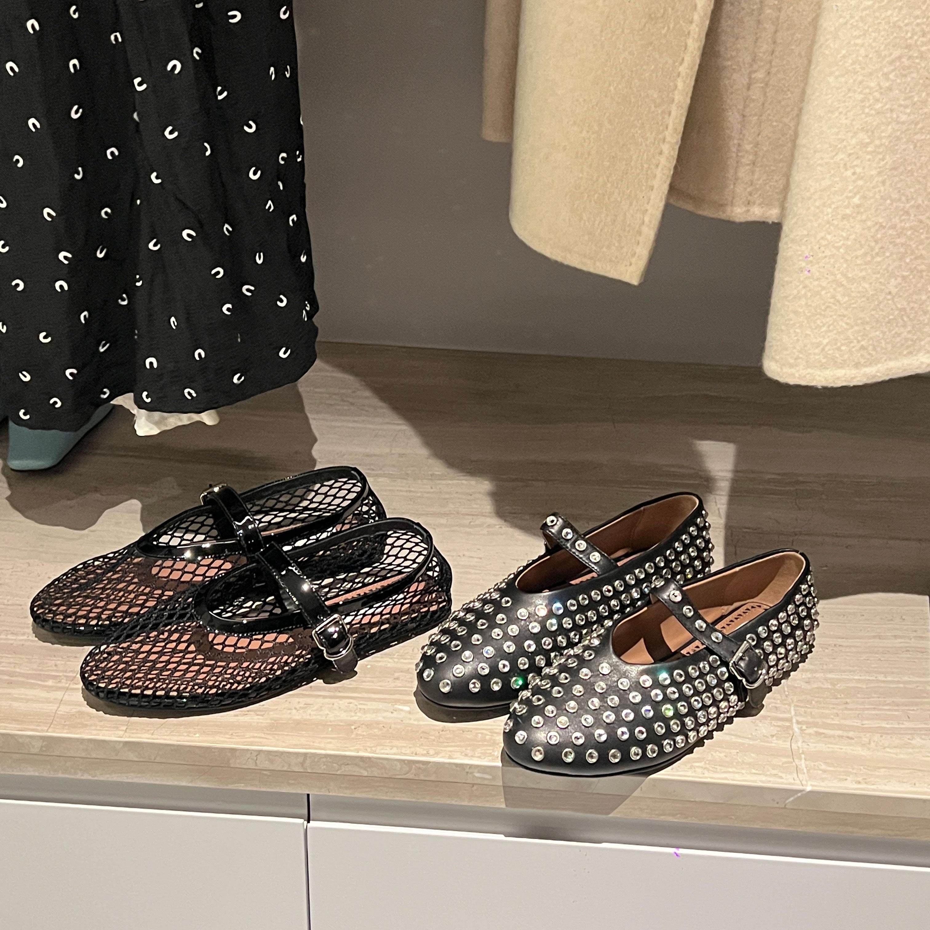 여성용 둥근 발가락 메쉬 한 단어 버클 발레 신발 전체 다이아몬드 플랫 신발 중공 메리 제인 신발 FISHNET 신발