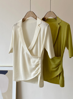 BLUELUCK限量！小众设计感！围裹V领套头羊毛混纺针织短袖上衣#Y