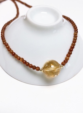 D258# 天然橙红石榴石黄水晶锁骨链吊坠3mm 黄水晶圆珠12mm