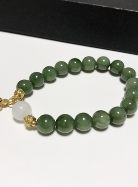 S850# 天然和田玉碧玉猫眼手链 配白玉顶珠 9.5mm 总重25.31克