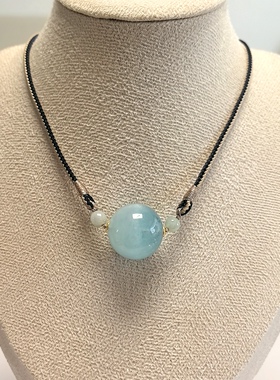 D1009# 天然海蓝宝滚运珠吊坠锁骨链19mm 配天然翡翠圆珠