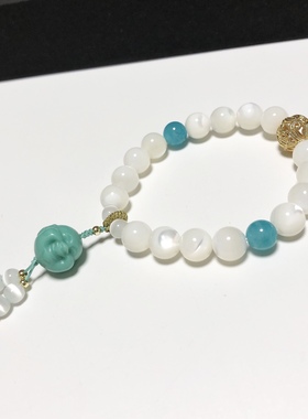 S70# 天然白贝母单圈手链8mm 配天河石 14K镀金花球