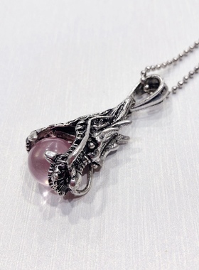 D330#天然星光粉水晶精工镶嵌龙头吊坠13mm 总尺寸41.5*22.5*16mm