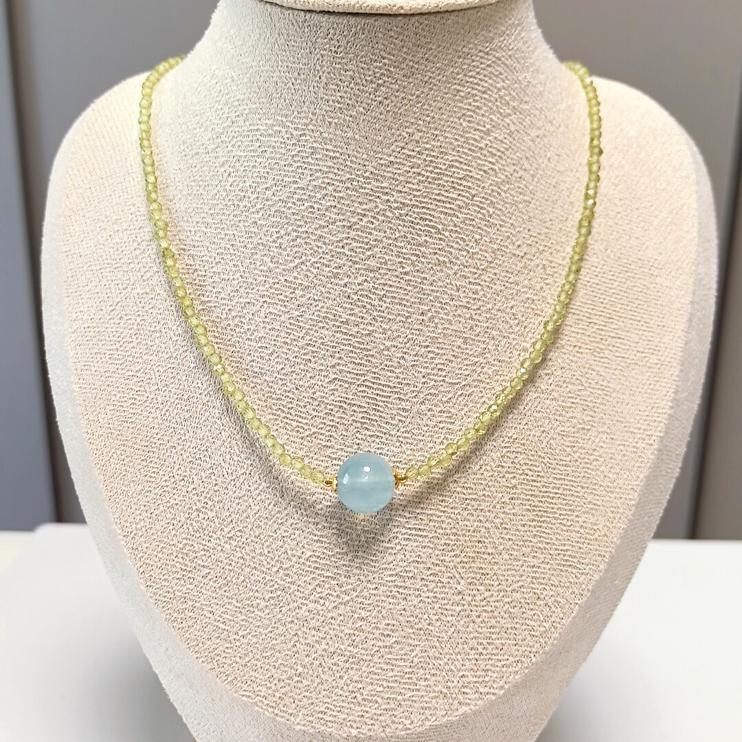 D1357# 天然海蓝宝吊坠锁骨链11.5mm 配橄榄石刻面项链2.8mm