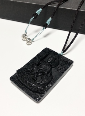 D525# 天然黑曜石生肖兔的本命佛文殊菩萨守护神吊牌吊坠挂件