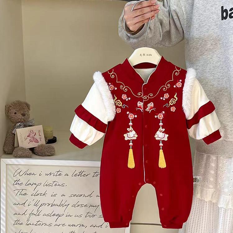 婴儿红色满月加绒连体衣衣服秋冬装中国国风周岁百天宝宝连体爬服