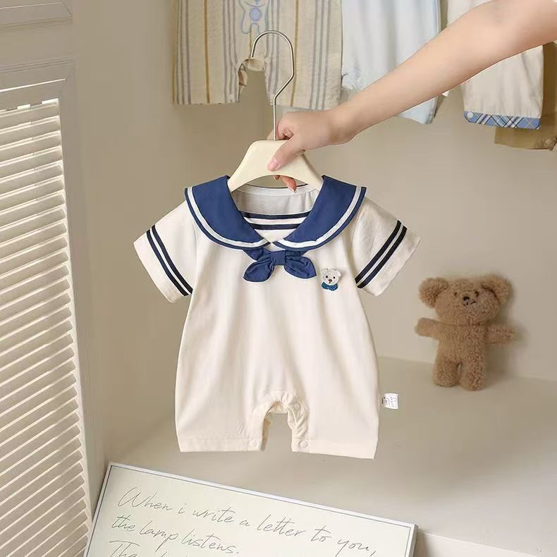 海军领婴儿连体衣男女婴儿夏装萌宝薄款短袖水手服时尚简约周岁宴