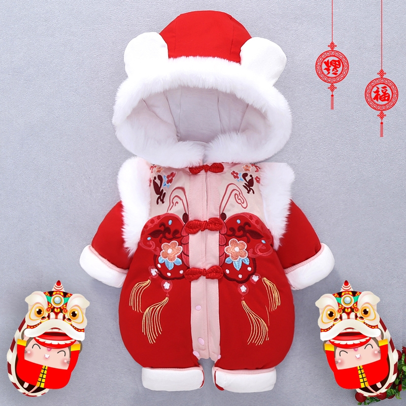 新生婴儿拜年服冬装女宝宝连体衣冬季新年装衣服过年保暖加厚红色