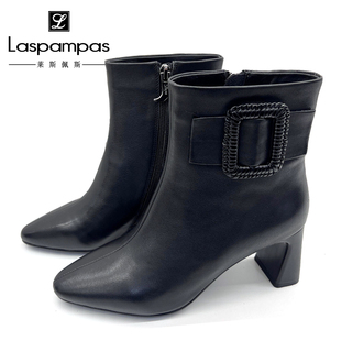 莱斯佩斯女鞋专柜正品牛皮真皮春秋季高跟翻毛皮方根短靴女士4a09