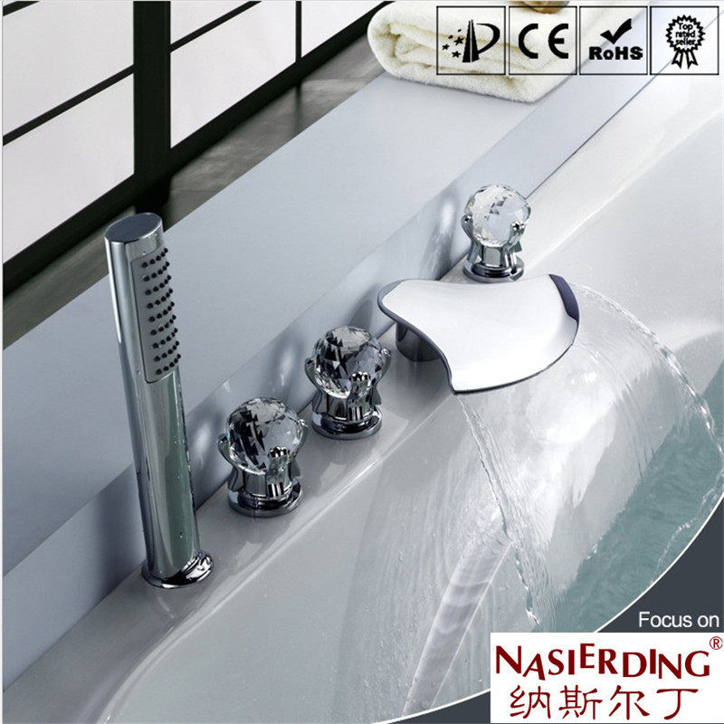 五孔分体式缸边浴缸龙头瀑布冷热混水阀花洒五件套小花洒水晶把手
